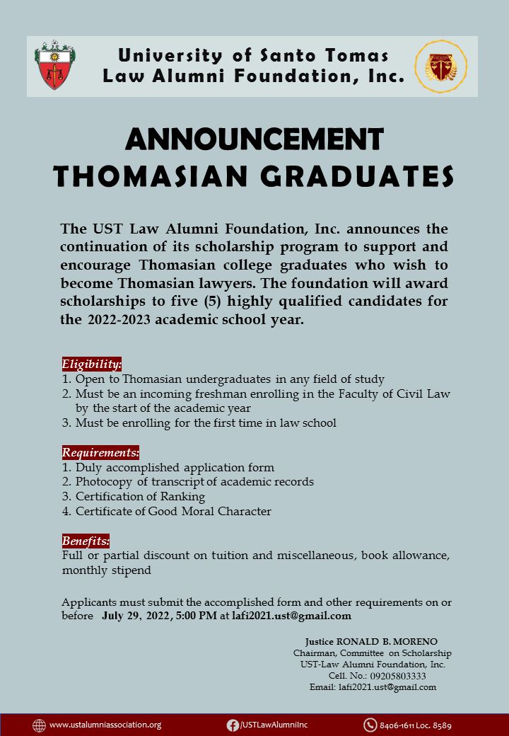 UST Law Alumni Foundation Inc. 2022 Scholarship | UST Civil Law